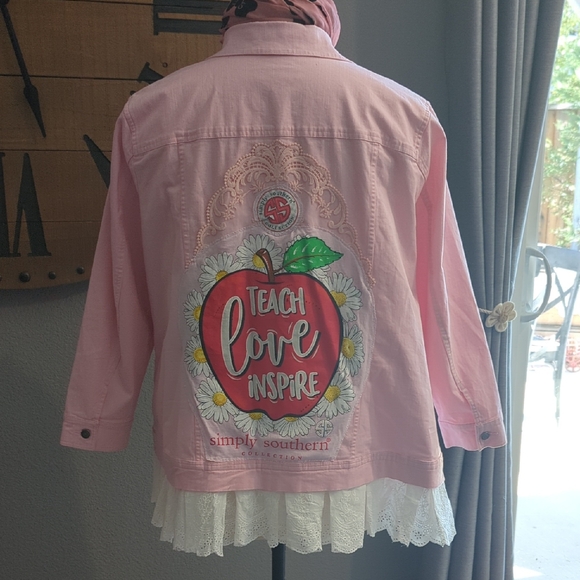 Upcycled CJ Banks And Simply Southern Pink Jean Jacket with Apples And Daisy's - Picture 1 of 4